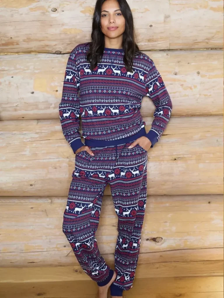 The Little Tailor Cotton Reindeer Fairisle Christmas Pyjama Set, Navy/Red/Cream from John Lewis