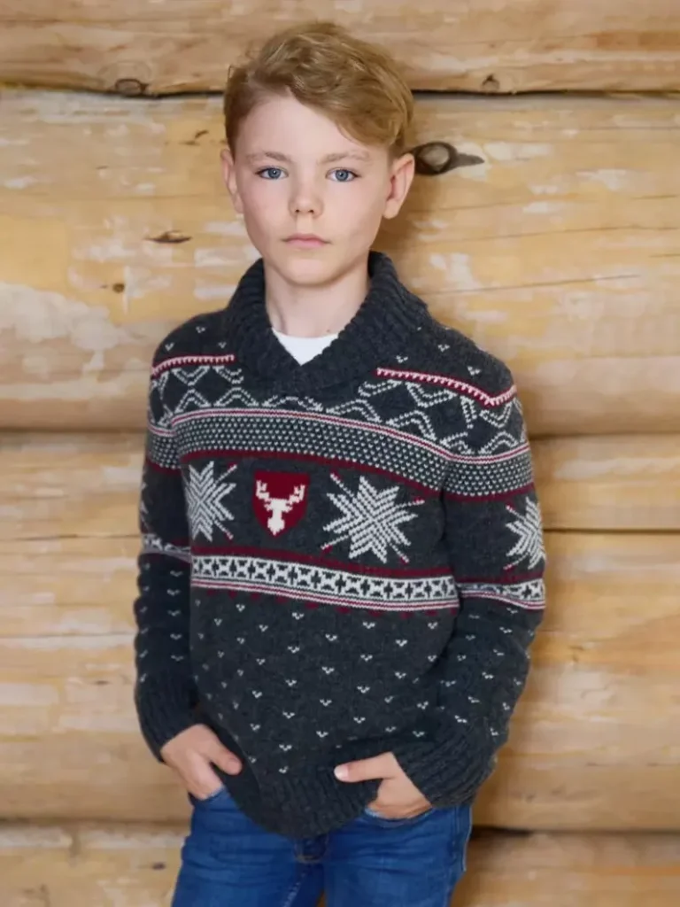 The Little Tailor Kids' Christmas Shawl Neck Sheild Wool Blend Jumper from John Lewis