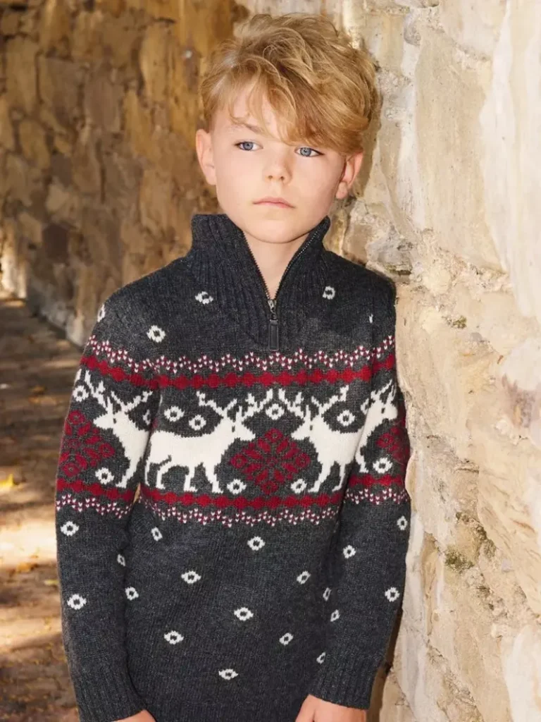 The Little Tailor Kids' Wool Blend Fair Isle Zip Neck Jumper, Charcoal Christmas jumper from John Lewis