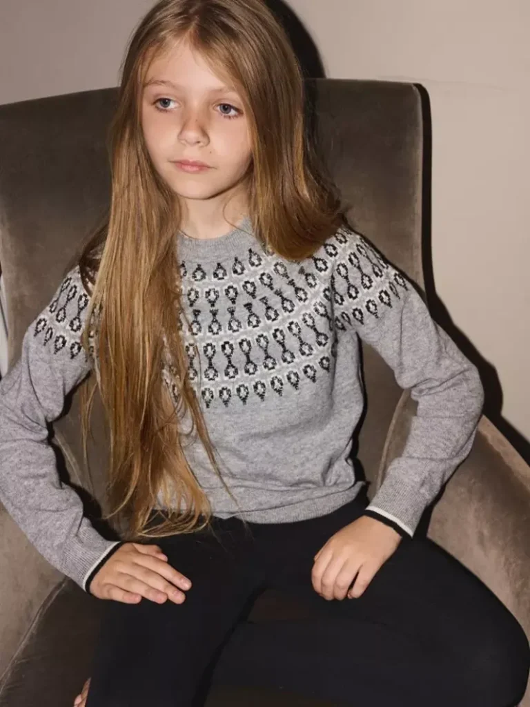 The Little Tailor Kids' Wool Blend Smart Fair Isle Jumper, Grey Christmas jumper from John Lewis