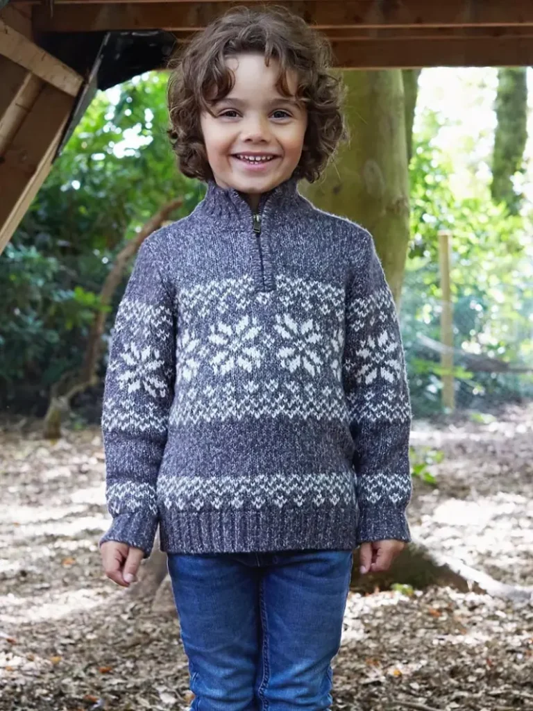 The Little Tailor Kids' Zip Neck Snowflake Fairisle Jumper, Charcoal Christmas jumper from John Lewis
