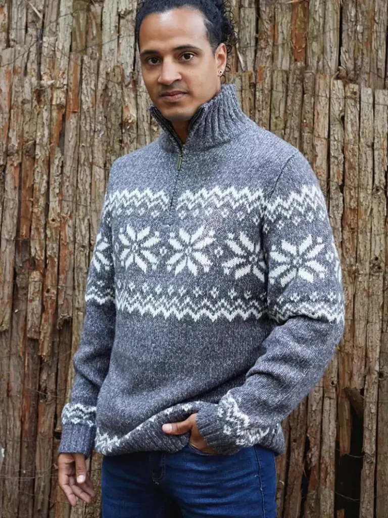 The Little Tailor Snowflake Fair Isle Chunky Zip Neck Knit Jumper, Charcoal Christmas jumper from John Lewis