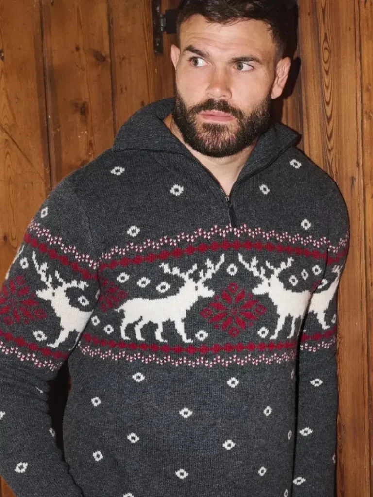 The Little Tailor Wool Blend Fair Isle Zip Neck Jumper, Charcoal Christmas jumper from John Lewis