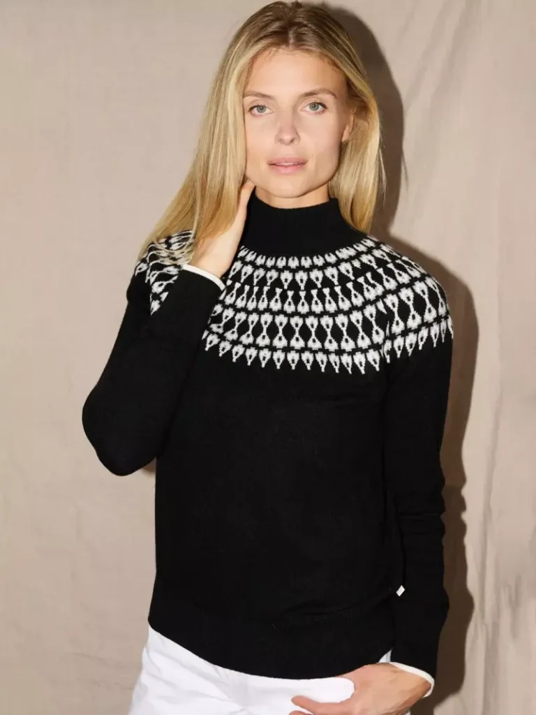 The Little Tailor Wool Blend Funnel Neck Fair Isle Jumper, Black Christmas jumper from John Lewis