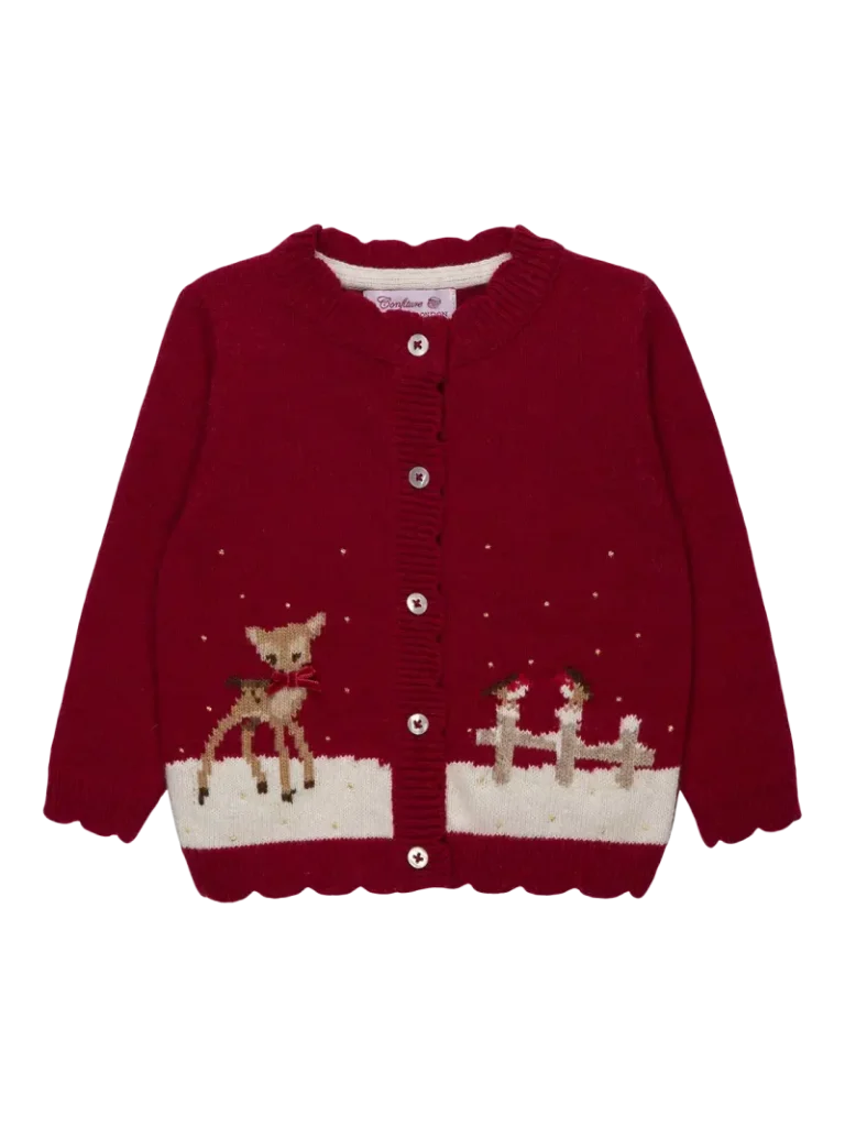 Trotters Baby Fawn and Robins Cardigan, Red Christmas jumper from John Lewis