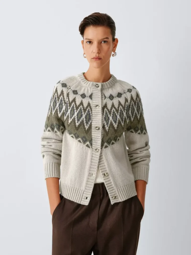 Weekend MaxMara Targa Alpaca Blend Fair Isle Cardigan, Beige Jacquard Christmas jumper from John Lewis