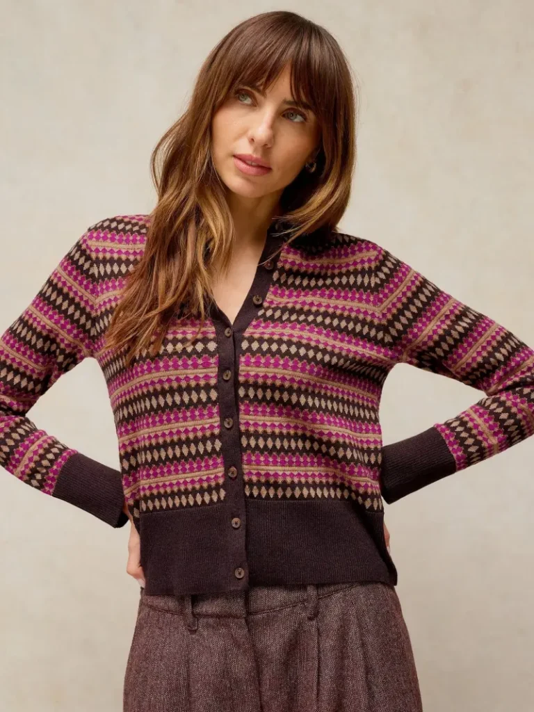 White Stuff Lois Cotton Fair Isle Cardigan, Pink/Multi Christmas jumper from John Lewis