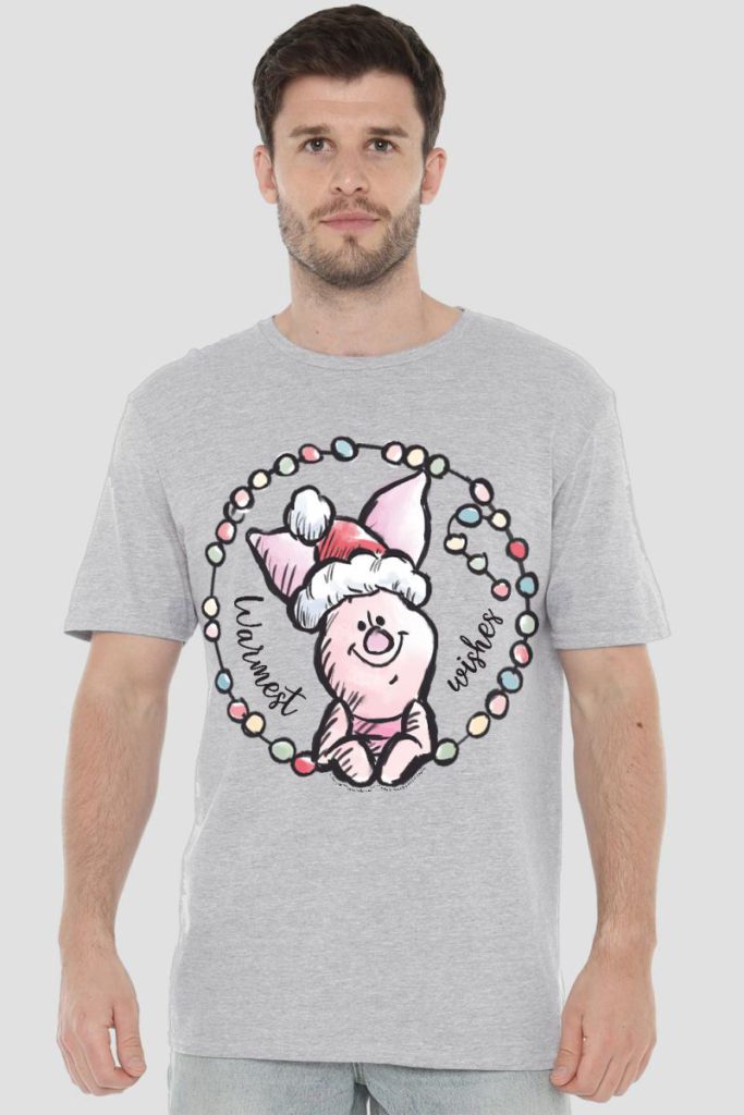 Winnie The Pooh Warmest Christmas Wishes From Piglet Mens T-Shirt Grey from Debenhams