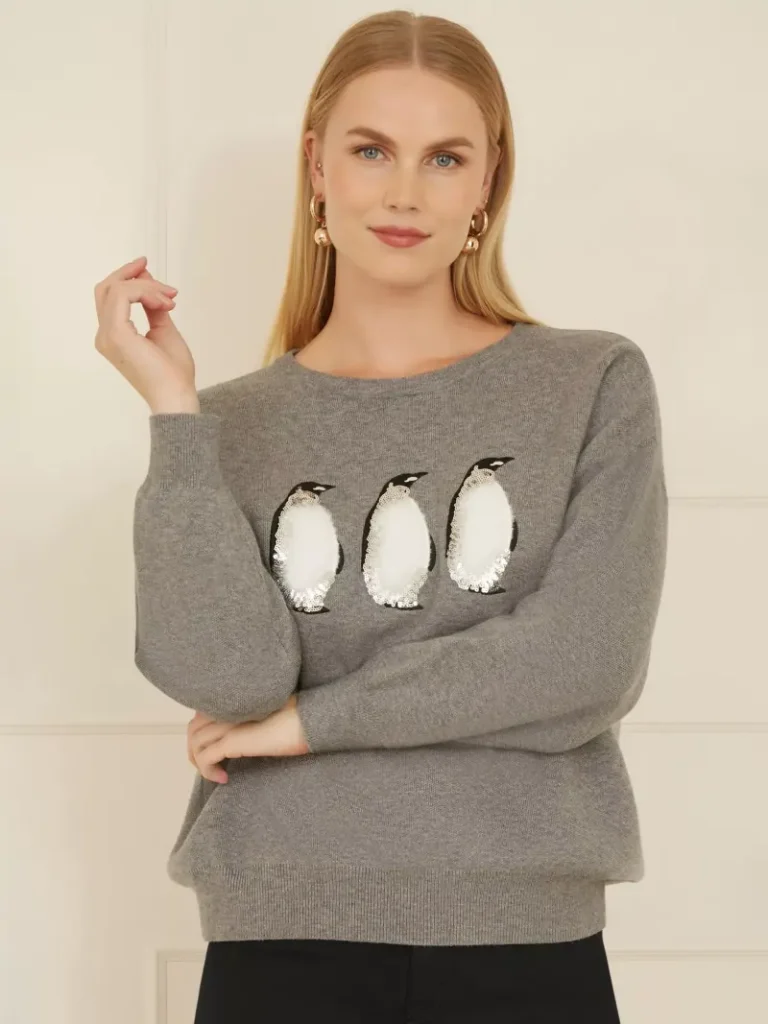 Yumi Christmas Penguins Jumper, Grey from John Lewis