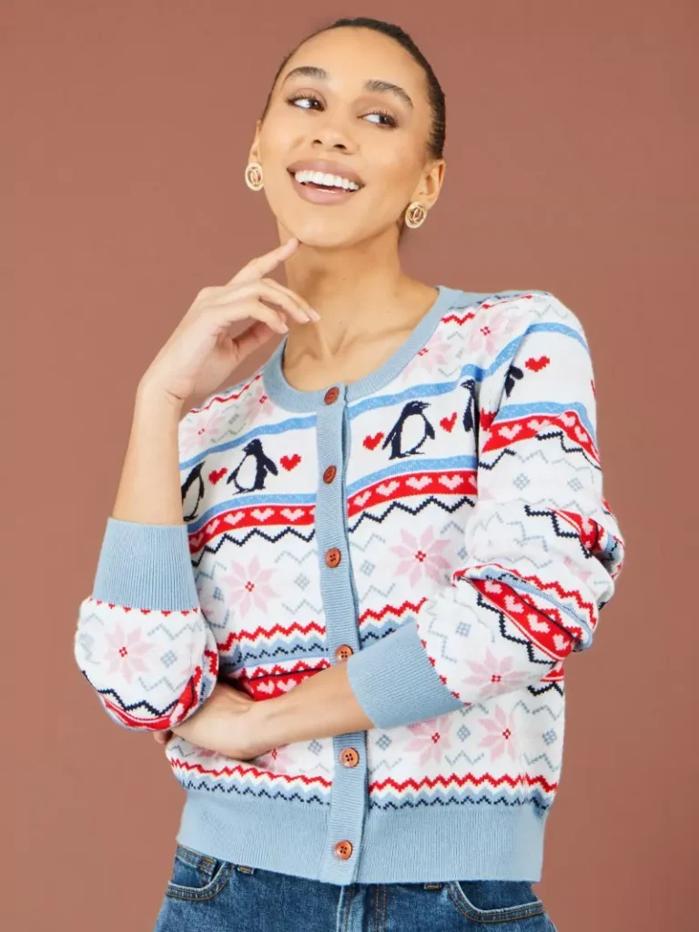 Yumi Penguin Fair Isle Cardigan, Red Christmas jumper from John Lewis