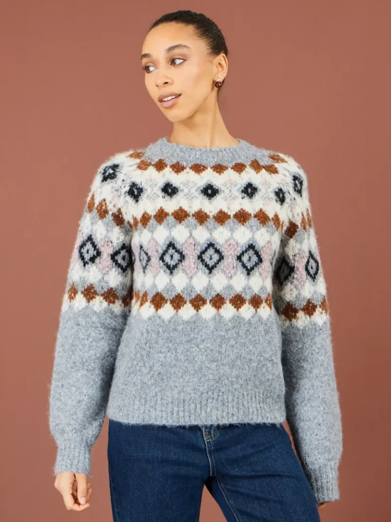 Yumi Relaxed Fluffy Knit Fair Isle Jumper, Grey Christmas jumper from John Lewis