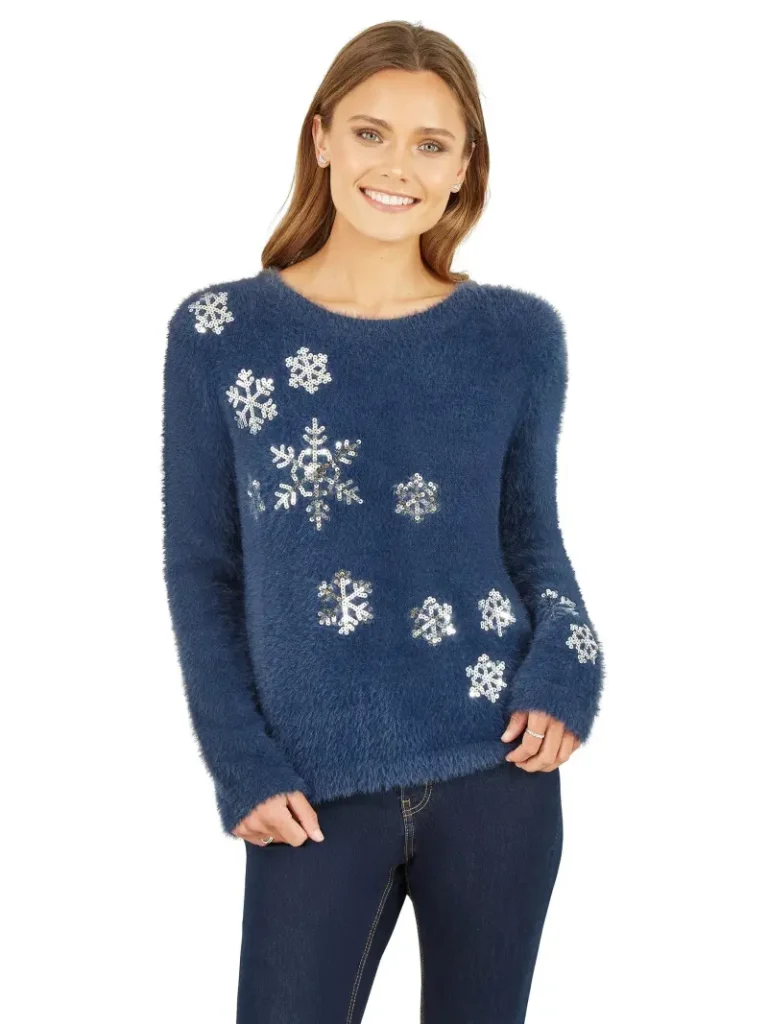 Yumi Sequin Snowflake Fluffy Crew Neck Jumper, Navy Christmas jumper from John Lewis